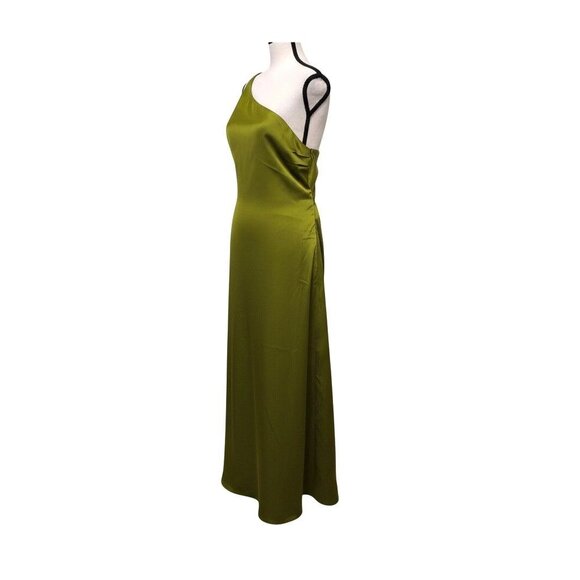 Commense Womens One-Shoulder Twist-Back Olive Green Satin Maxi Dress Sz L Event - Picture 3 of 8
